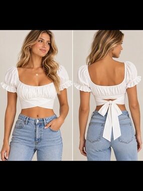 Cellecci White Puff Sleeve Tie Front Crop Top Size L Cottagecore